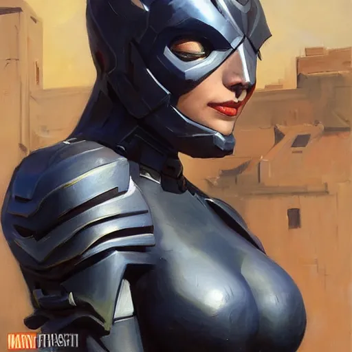 Image similar to greg manchess portrait painting of an armored dark female iron spiderman as overwatch character, medium shot, asymmetrical, profile picture, organic painting, sunny day, matte painting, bold shapes, hard edges, street art, trending on artstation, by huang guangjian, gil elvgren, ruan jia, greg rutkowski, gaston bussiere