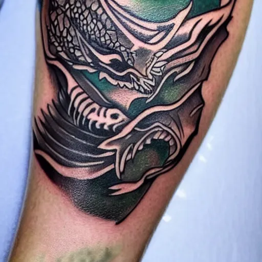 Prompt: Tattoo of a dragon starting from the elbow, wrapping around the wrist in a downward spiral, emerald placed inside of the dragons mouth, forearm tattoo