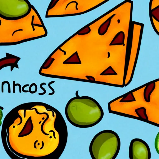 Prompt: drawing of nachos with cheese and jalapeno illustrations, white background, drawing, cartoon, in the style of shyama golden