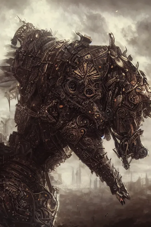 Image similar to ultra realist and ultra intricate detailed soft painting of a beautiful gothic armored female war bear cavalry , thin lustrous long auburn hair, symmetry features, sensual gloomy style, volumetric clouds, cyberpunk background, artstation, unreal render, depth of field