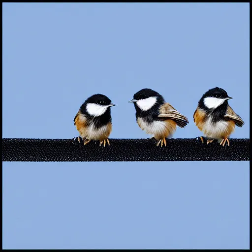 Image similar to three chickadees on a telephone wire, high quality, realistic, photograph, nature