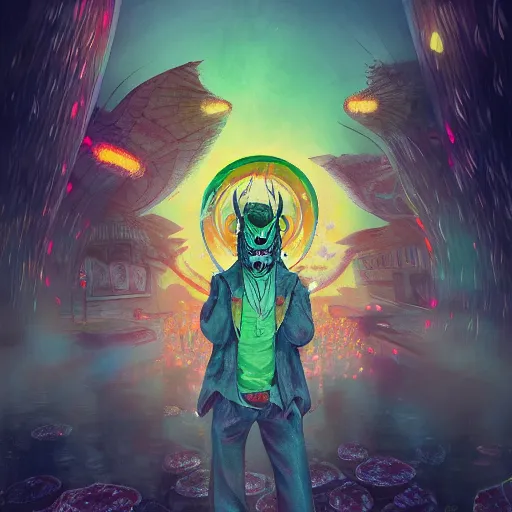 Image similar to 8K headshot Portrait of centered chest up of a psychedelic godlike mothman with giant mandala wings smoking a hand-rolled cigarette smoking heavily , magic mushroom village in background , post-processing , award winning. superb resolution. in the art style of Satoshi Kon and Greg Rutkowski . Detailed Mushroom city in background. Hyper realistic anime. Perfect art. Dalle2