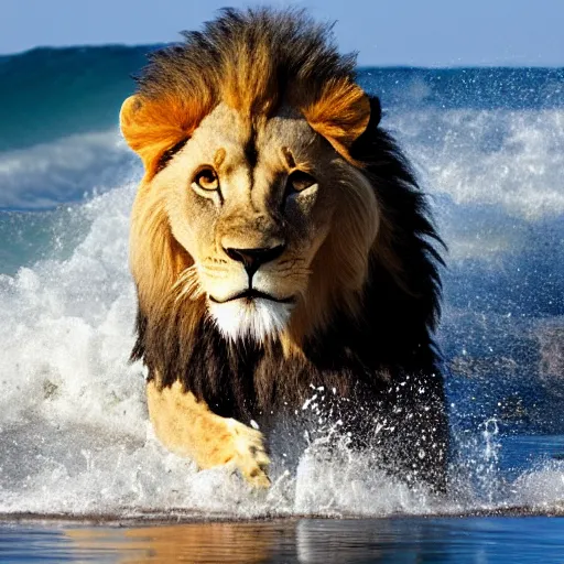 Image similar to a lion's face breaching through a wave