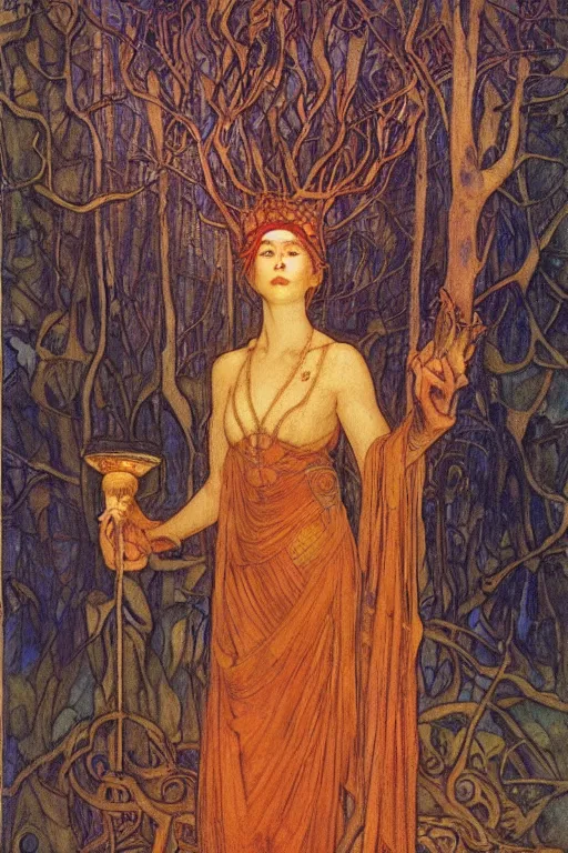 Image similar to queen of the forest with her lantern by Annie Swynnerton and Nicholas Roerich and jean delville, strong dramatic cinematic lighting , ornate headdress , flowing robes, lost civilizations, smooth, sharp focus, extremely detailed