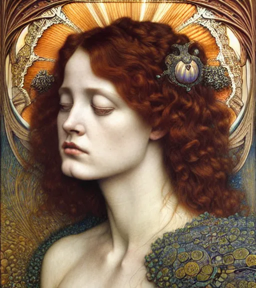 Prompt: detailed realistic beautiful young jessica lang as queen of jupiter face portrait by jean delville, gustave dore and marco mazzoni, art nouveau, symbolist, visionary, gothic, pre - raphaelite. horizontal symmetry by zdzisław beksinski, iris van herpen, raymond swanland and alphonse mucha. highly detailed, hyper - real, beautiful