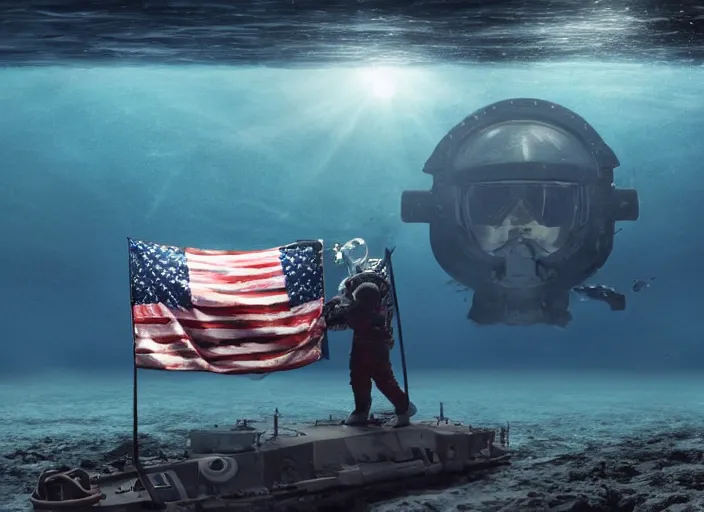 Image similar to astronaut underwater putting a flag on the sand in the bottom of the ocean. in the background, a submarine is visible. dark, concept art, cinematic, dramatic, atmospheric, 8 k, trending on artstation, zack snyder