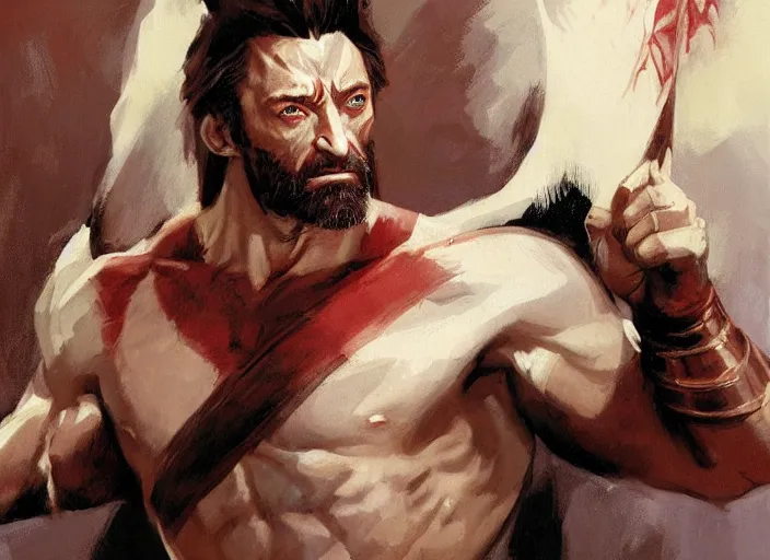 Image similar to a highly detailed beautiful portrait of hugh jackman as kratos, by gregory manchess, james gurney, james jean
