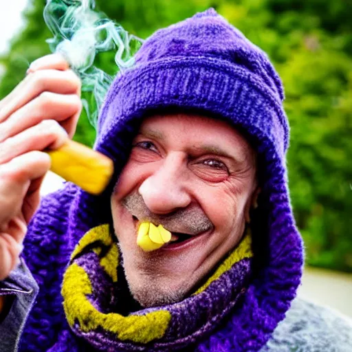 Image similar to bald purple goblin with yellow eyes, wearing a hat and a scarf, smoking a cigar, smiling, earrings, rotten teeth