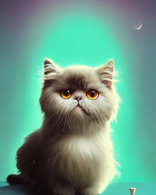 Image similar to highly detailed surreal vfx portrait of a cute, happy persian cat with green eyes, stephen bliss, unreal engine, greg rutkowski, loish, rhads, beeple, makoto shinkai and lois van baarle, ilya kuvshinov, rossdraws, tom bagshaw, alphonse mucha, global illumination, detailed and intricate environment