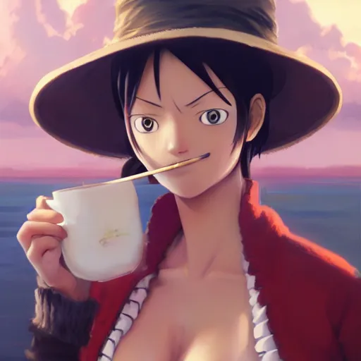 Image similar to mugiwara no luffy drinking cofee, digital art, pretty face, very beautiful face, very detailed eyes, 8 k resolution, by wlop, greg rutkowski, full body