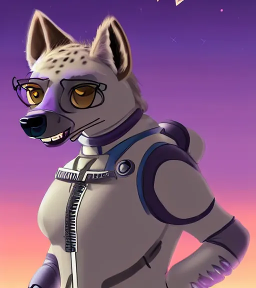 Image similar to digital detailed full body of anthromorphic female hyena, in style of zootopia, fursona, furry, furaffinity, 4 k, deviantart, wearing astronaut outfit, in style of zootopia, floating in space, space background, in deep space, dark background, hyena fursona, cyberpunk, female, detailed face,