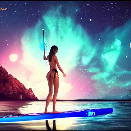Prompt: bikini anime girl bioluminescent paddleboarding at night by highway man painting, stars, galaxies, photorealistic, high resolution, vray, hdr, hyper detailed, insane details, intricate, elite, ornate, elegant, luxury, dramatic lighting, octane render, weta digital, micro details, 3 d sculpture