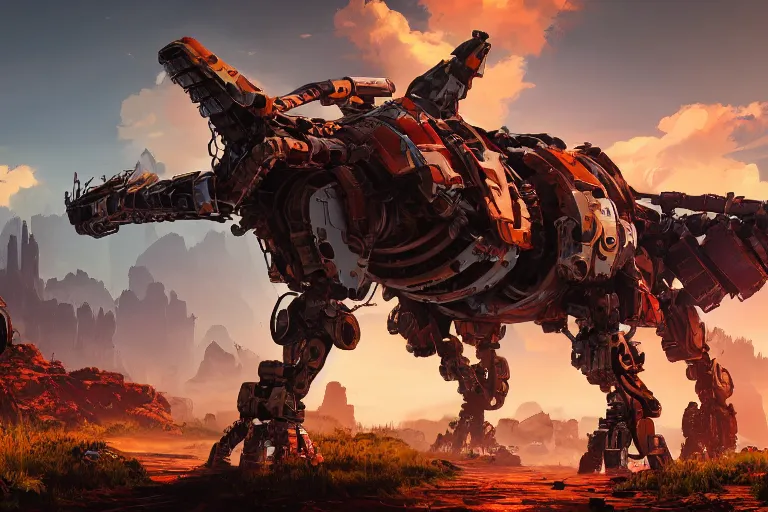 Image similar to scrapper machine mecanical creature robot of horizon forbidden west horizon zero dawn radiating a glowing aura global illumination ray tracing hdr fanart arstation by ian pesty and alena aenami artworks in 4 k