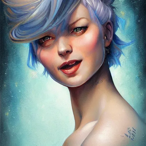 Image similar to a beautiful painting of a smiling woman with stylish short blue hair and sparkling blue eyes in a rustic saloon representative of the art style of artgerm and wlop and peter mohrbacher