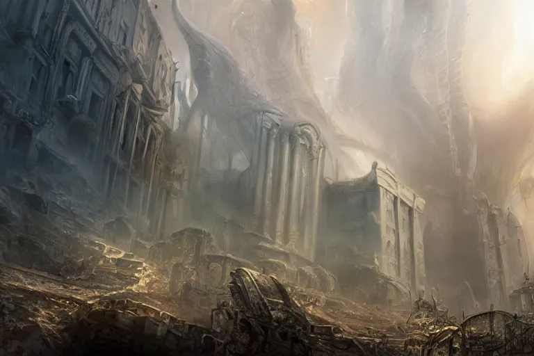 Image similar to ultra realist soft painting of a single lovecraftian gigantic creature on a ruined city, very intricate details, dense deep fog, golden ratio, volumetric cinematic lighting, reflections, refractions, symmetry accurate anatomy features, omnious background, unreal render