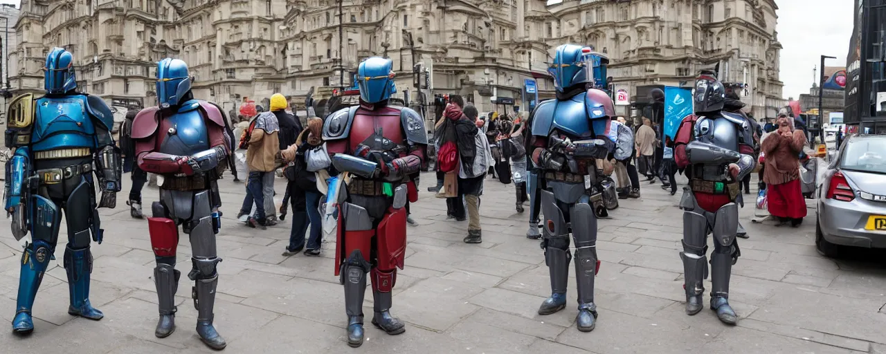 Image similar to mandalorians looking bored on the streets of London, single Polish flag somewhere