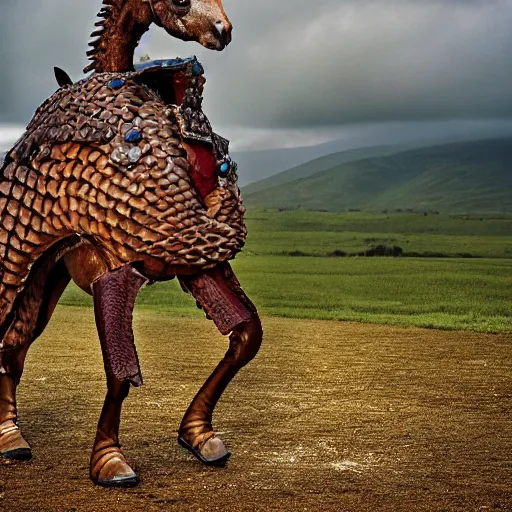 Image similar to a Horse with the armor of a pangolin, national geographic photograph