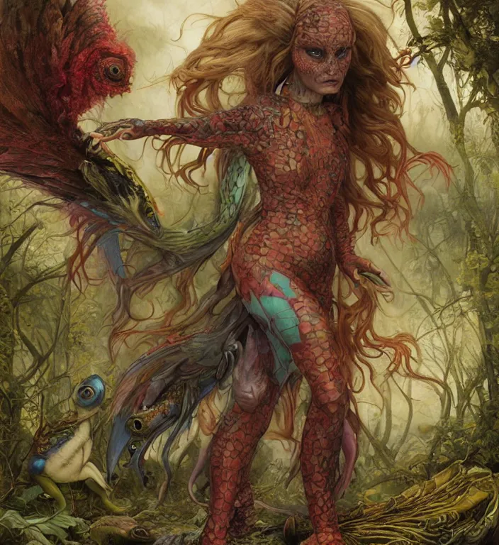 Prompt: a portrait photograph of julia stiles as a colorful harpy super hero with slimy reptile skin. she is trying on a amphibian organic wetsuit and transforming into a feathered alien beast. by tom bagshaw, donato giancola, hans holbein, walton ford, gaston bussiere, peter mohrbacher and brian froud. 8 k, cgsociety