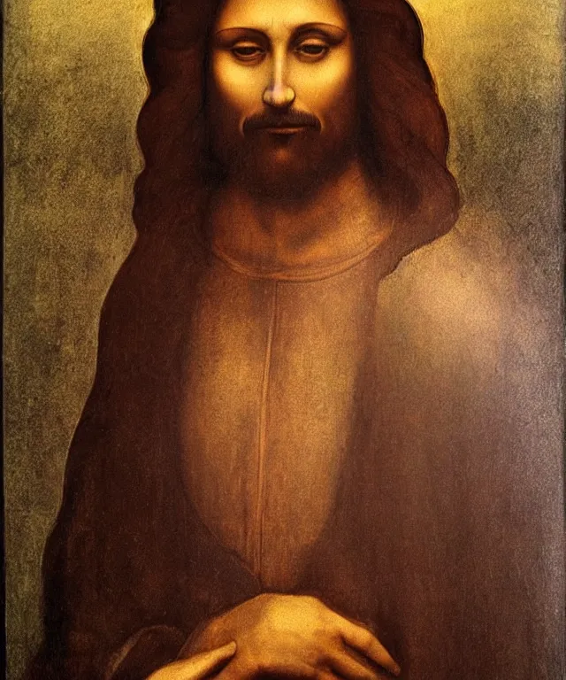 Image similar to portrait of mexican jesus, leonardo di vinci, painting