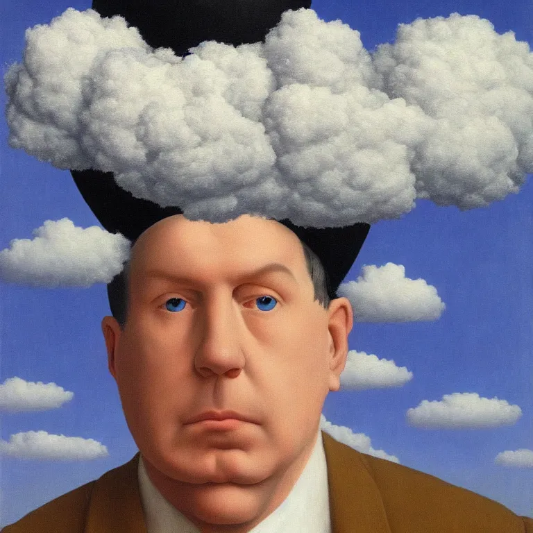 Image similar to portrait of a cloud faced man, by rene magritte, centered, detailed painting, hd, hq, high resolution, high detail, 4 k, 8 k