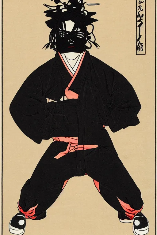 Image similar to Ukiyo-e art of squatting man in black Adidas tracksuit