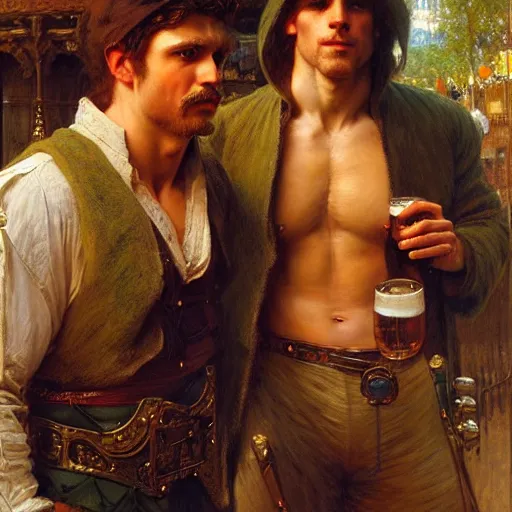 Image similar to attractive muscular arthur pendragon and muscular attractive merlin go to a pub together to have some drinks. highly detailed painting by gaston bussiere, craig mullins, j. c. leyendecker, alphonse mucha 8 k