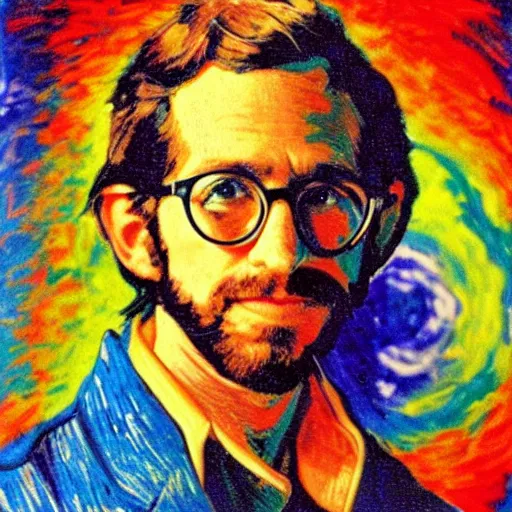 Image similar to an artistic portrait of a young steven spielberg, high quality, studio photography, colourful, hero, 1 9 8 8, heroic, beautiful, in the style of vincent van gogh