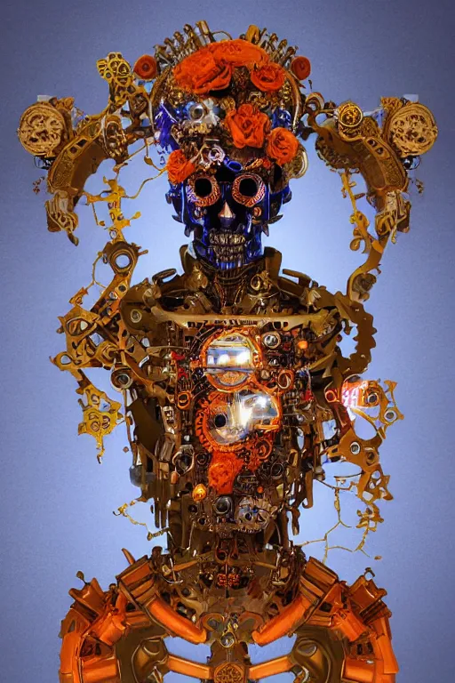 Image similar to full-body baroque and cyberpunk style sculpture of a young handsome Spanish prince half android with a chest opening exposing circuitry and a sparking motherboard, glowing blue lasert eyes, crown of mechanical gears and roses, flowing orange-colored silk, fabric, steampunk archways. baroque elements, human skull. full-length view. baroque element. intricate artwork by caravaggio. many many birds birds on background. Trending on artstation, octane render, cinematic lighting from the right, hyper realism, octane render, 8k, depth of field, 3D