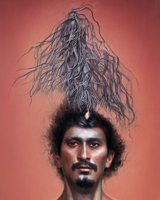 Prompt: portrait of a magical mexican man, art by denys tsiperko and bogdan rezunenko, hyperrealism