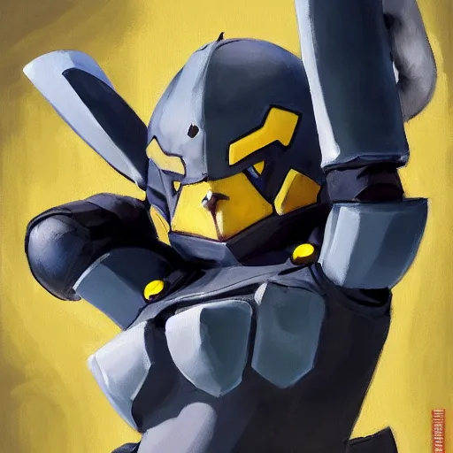 Image similar to greg manchess portrait painting of partially armored pikachu as overwatch character, medium shot, asymmetrical, profile picture, organic painting, sunny day, matte painting, bold shapes, hard edges, street art, trending on artstation, by huang guangjian, gil elvgren, ruan jia, greg rutkowski, gaston bussiere