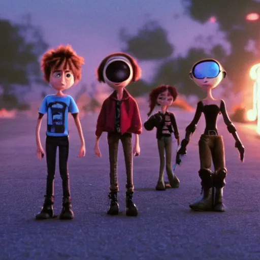 Image similar to a cinematic film still from a 2001 Pixar movie about a teenage alien punk band, tattoos, aesthetic, rockstars, in the style of Pixar, shallow depth of focus