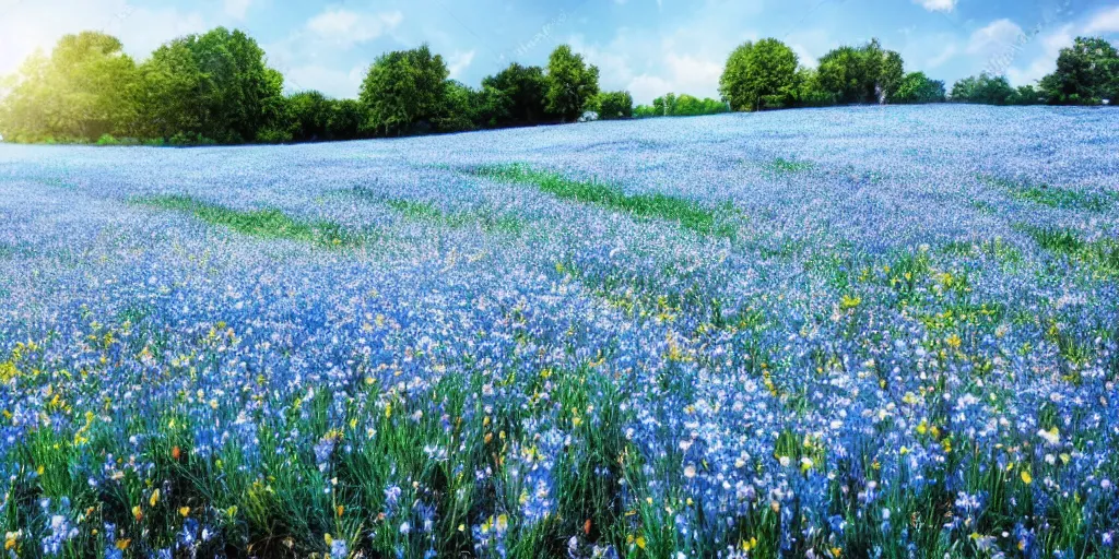 Prompt: field of light blue flowers, white background, matte painting