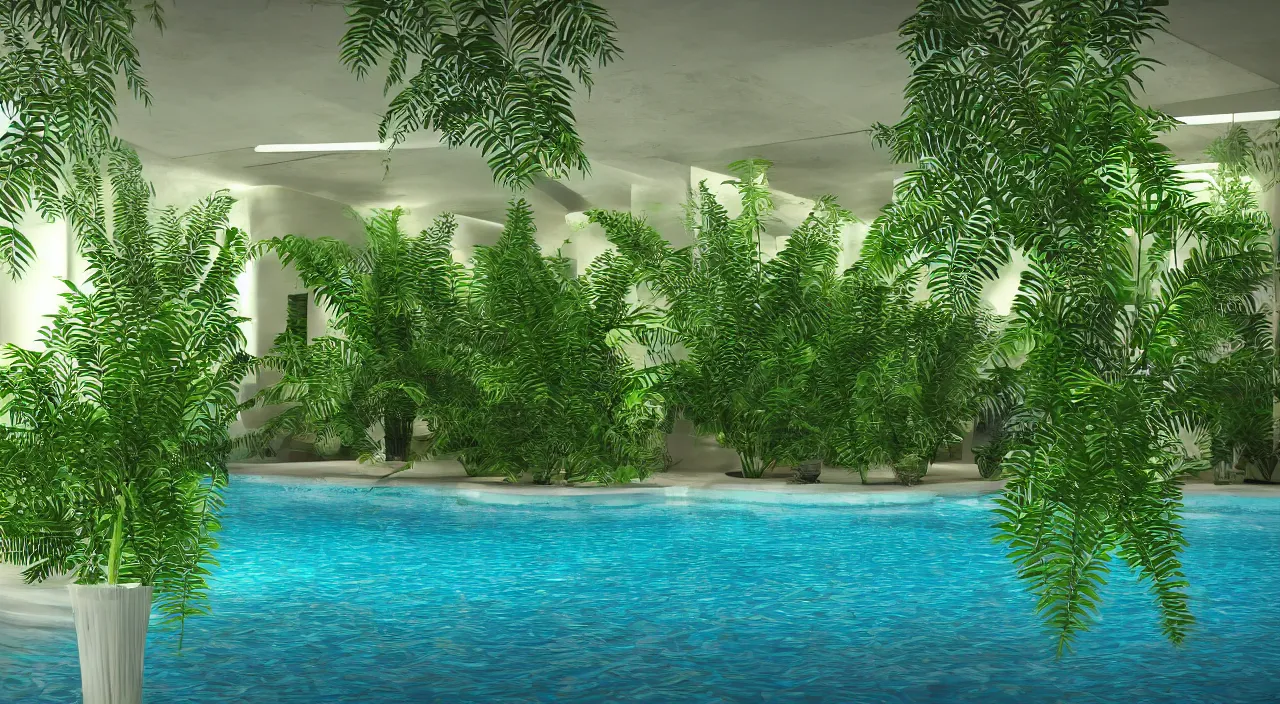 Image similar to 3d render of indoor pool with ferns and palm trees, pool tubes, chromatic abberation, depth of field, 80s photo,