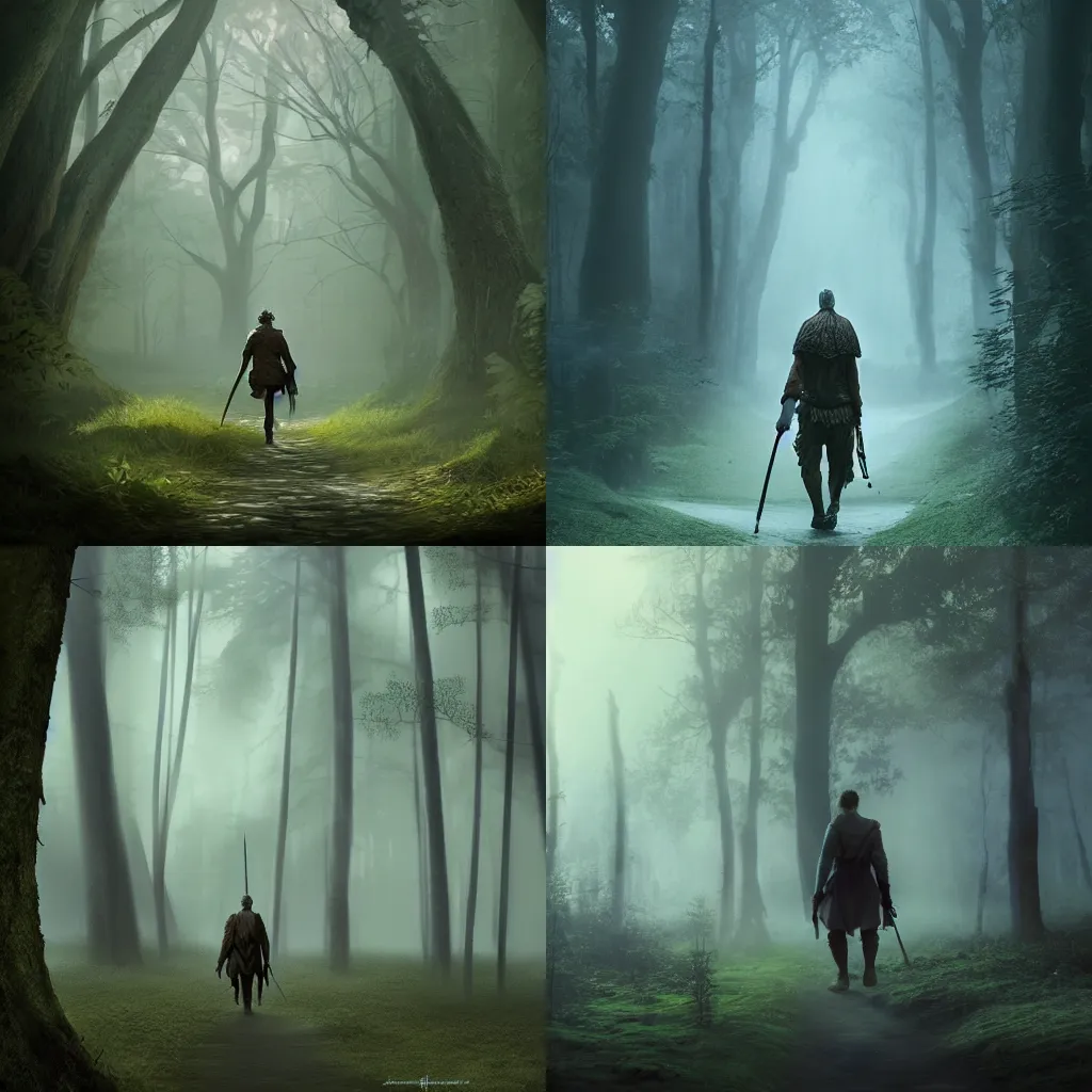 Prompt: old warrior walking through a mystical Forrest, dramatic lighting, trending on artstation