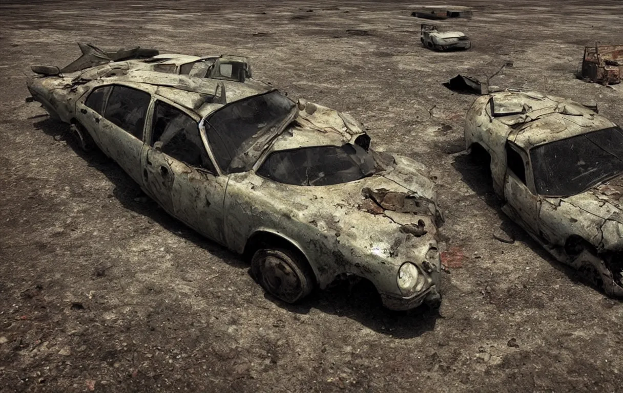 Image similar to a post apocalyptical car abandoned in a wasteland, max max style