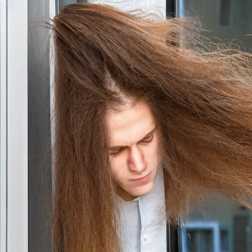 Image similar to long hair growing from windows and doors of large apartment building, the hair reaches the ground, realistic