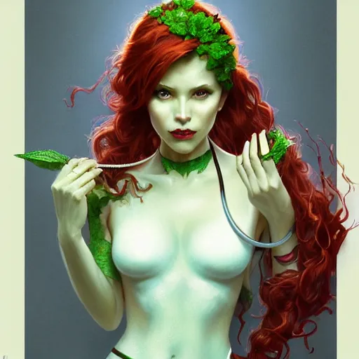 Image similar to a beautiful and detailed matte painting of poison ivy dressed as a hospital nurse, fantasy, d & d, dark eyeliner, intricate, elegant, highly detailed, digital painting, artstation, concept art, matte, sharp focus, illustration, art by greg rutkowski and alphonse mucha