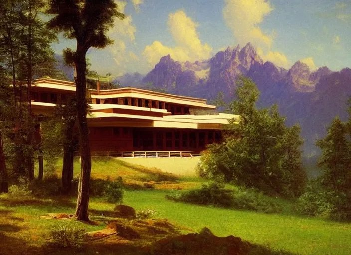 Prompt: painting of a frank lloyd wright house in front of beautiful mountains by albert bierstadt