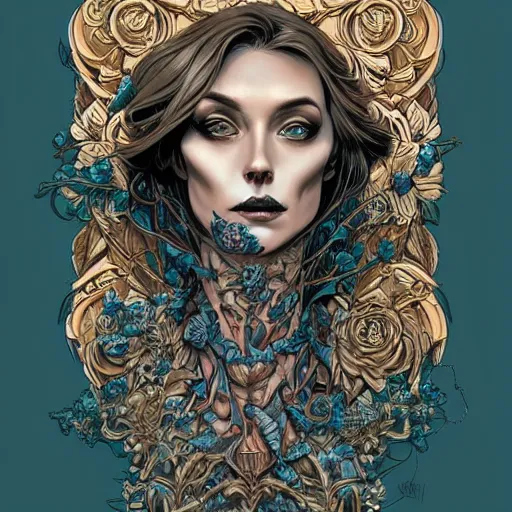 Image similar to a beautiful detailed front view portrait of a corpse woman with ornate growing around morphing, ornamentation, flowers, elegant, beautifully lit, skull, artgerm, joshua middleton comic cover art,