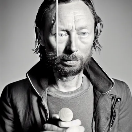 Prompt: Thom Yorke, Thom Yorke, Thom Yorke, holding the moon upon a stick, with a beard and a black jacket, a portrait by John E. Berninger, dribble, neo-expressionism, uhd image, studio portrait, 1990s