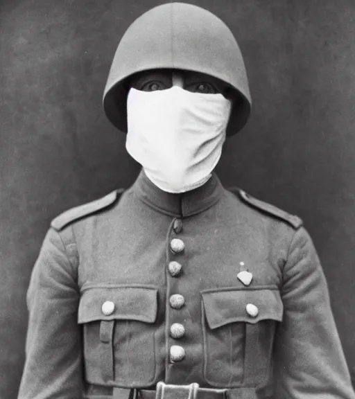 Image similar to a soldier wearing a cloth over face and head in distance, ww1 film photo, grainy, high detail, high resolution