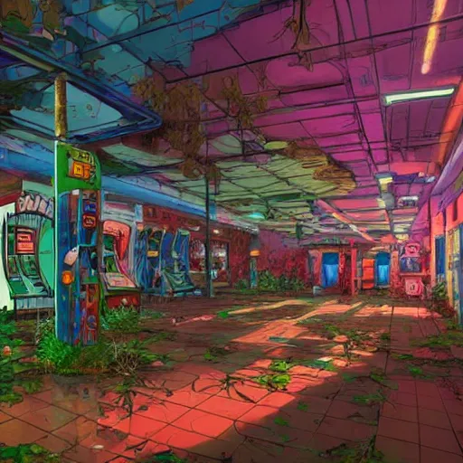 Image similar to beautiful, stunning digital art of an abandoned 1980s arcade with graffiti on the walls and plants growing from the cracks with colorful arcade games. by marc simonetti, featured on artstation