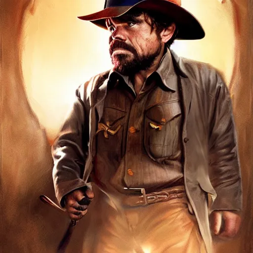 Image similar to peter dinklage as indiana jones, digital painting, extremely detailed, 4 k, intricate, brush strokes, mark arian, artgerm, bastien lecouffe - deharme