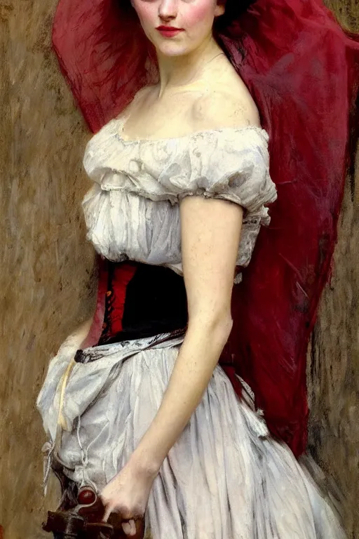 Image similar to Solomon Joseph Solomon and Richard Schmid and Jeremy Lipking victorian genre painting full length portrait painting of a young beautiful woman traditional german french pirate wench in fantasy costume, red background