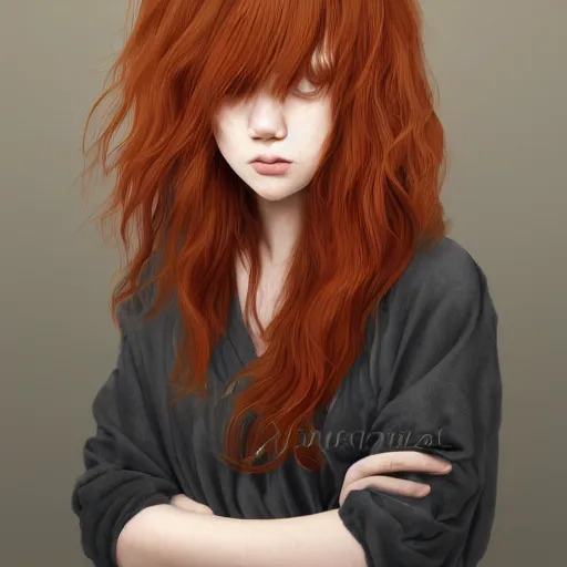 Prompt: studio portrait, a cute pretty 18 year old short pale ginger girl with freckles, ginger hair is middle parted, ginger hair is short, scowling, wearing a black robe, trending on art station, by wlop