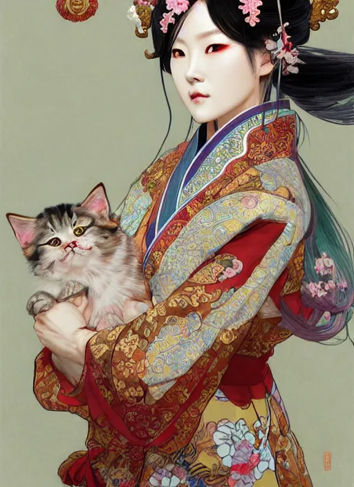 Prompt: portrait of a beautiful nekomimi, decorated with chinese opera motifs, royal, fine china, wuxia, traditional chinese art intricate intense elegant highly detailed digital painting artstation concept art smooth sharp focus illustration, art by ruan jia and zeen chin and alphonse mucha, 8 k