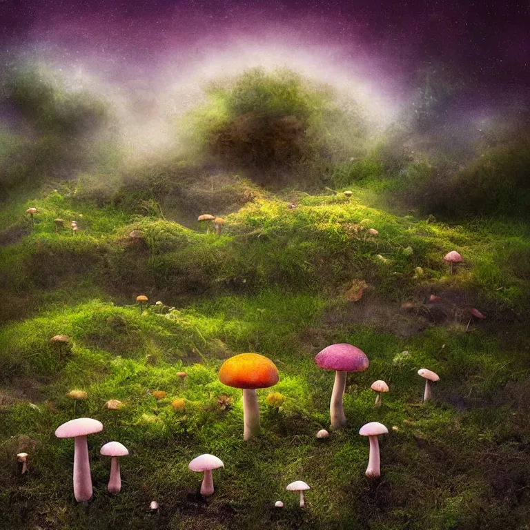 Image similar to a planet of various fungus, mushrooms, flowers and plants, inside the picture is infinity, Atmospheric, artistic photography, conceptual, long exposure outside the city, volumetric light