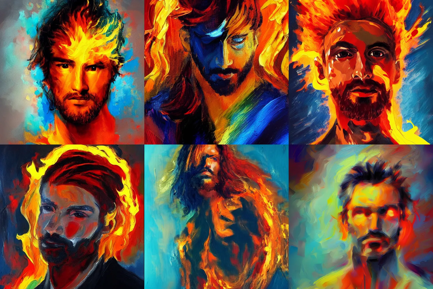 Image similar to abstract painting of man on fire. Handsome. Long hair. portrait. ArtStation. Impressionist