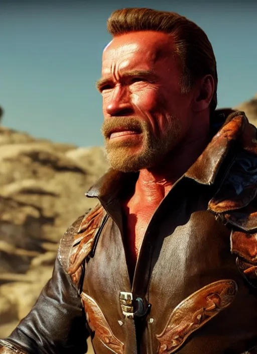 Image similar to an film still of arnold schwarzenegger as cowboy with beard, western background, unreal engine. amazing likeness. very detailed.