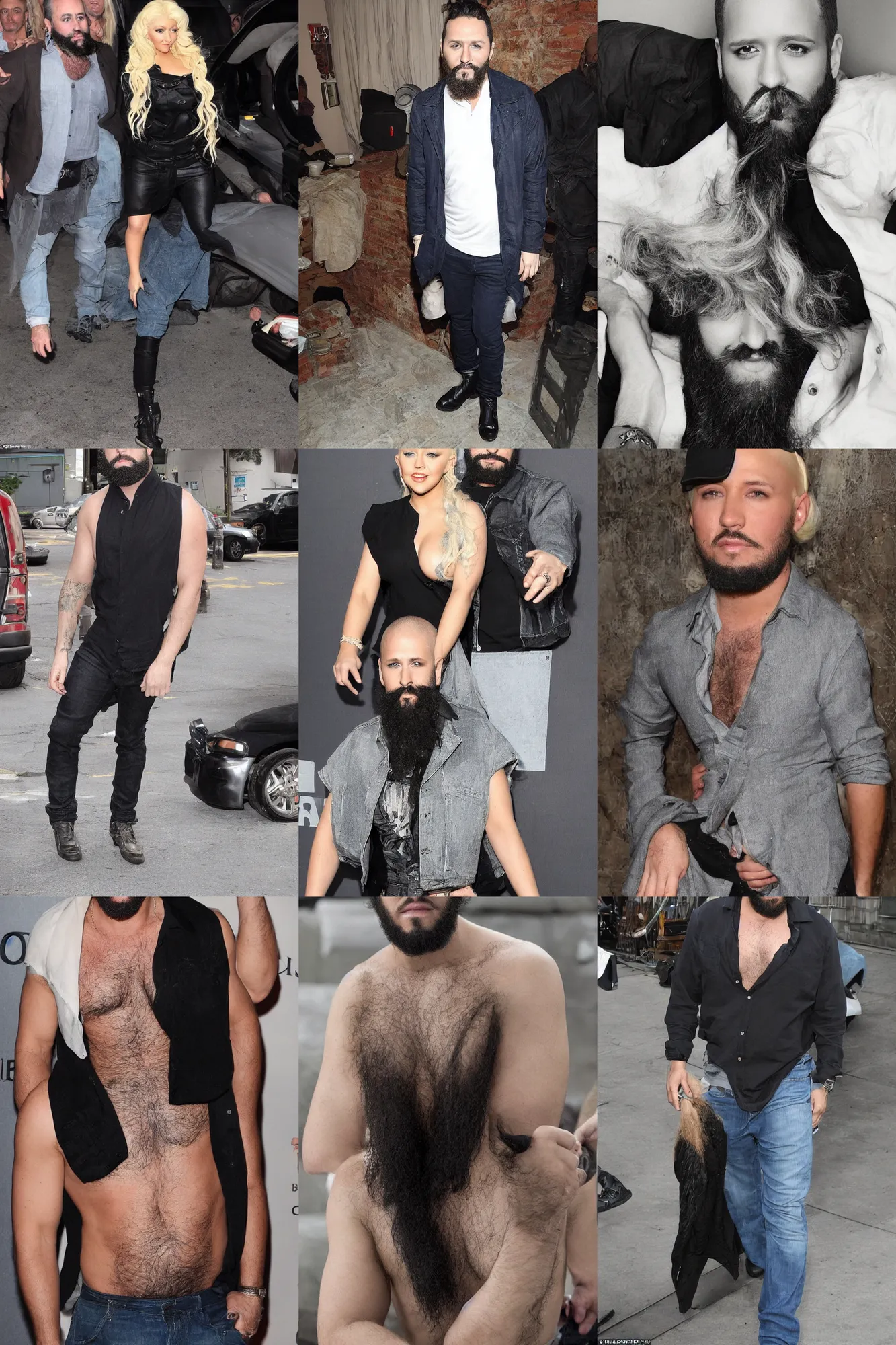 Prompt: very very masculine, christina aguilera, with a beard, body hair, big feet, very manly man